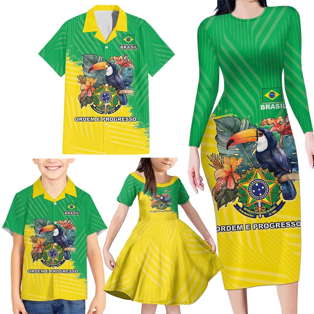 Brazil Coat Of Arms Family Matching Long Sleeve Bodycon Dress and Hawaiian Shirt With Flag Style - Wonder Print Shop