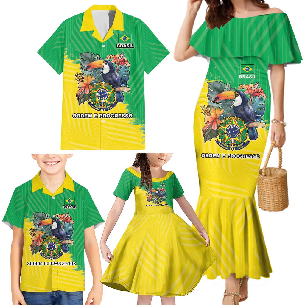Brazil Coat Of Arms Family Matching Mermaid Dress and Hawaiian Shirt With Flag Style - Wonder Print Shop