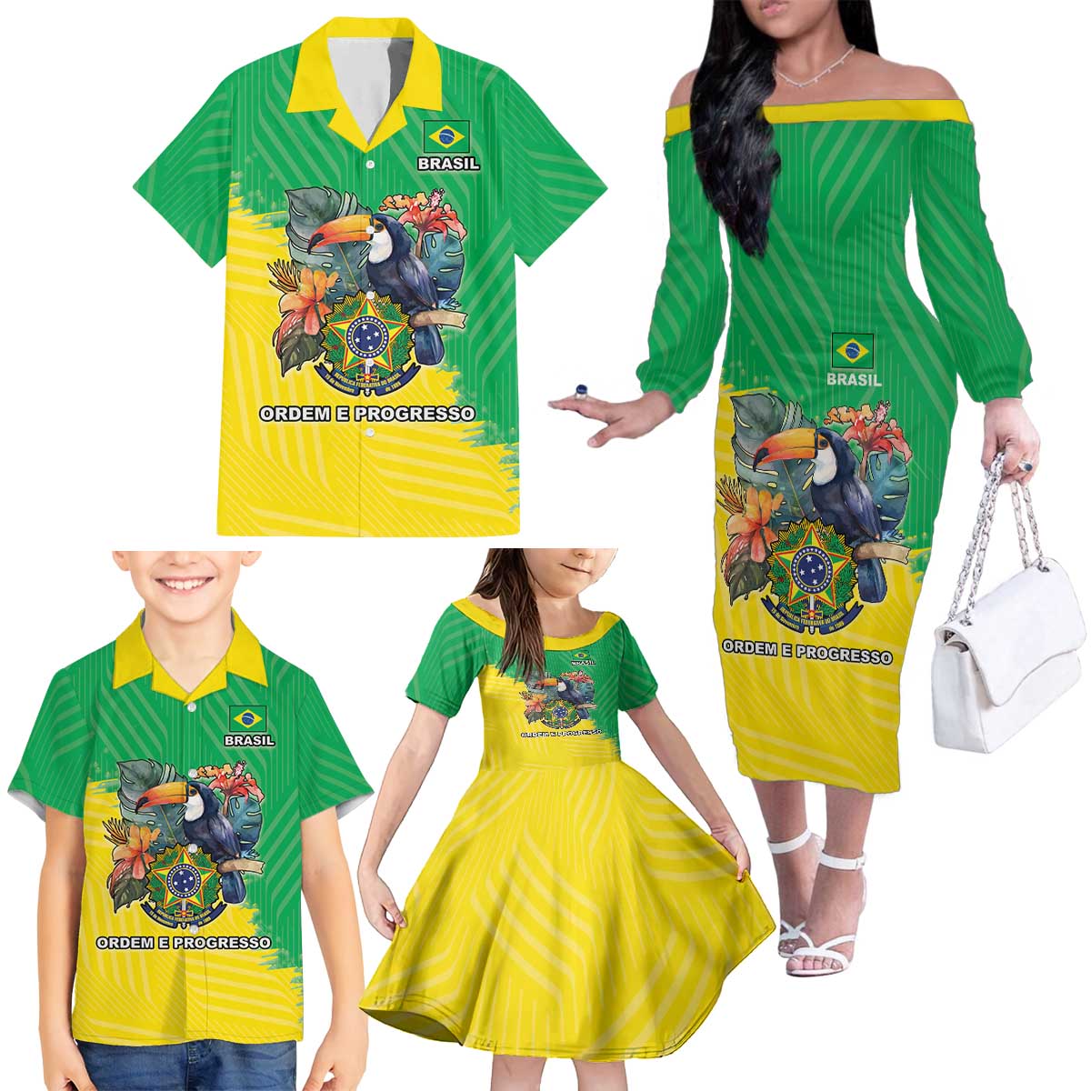 Brazil Coat Of Arms Family Matching Off The Shoulder Long Sleeve Dress and Hawaiian Shirt With Flag Style - Wonder Print Shop