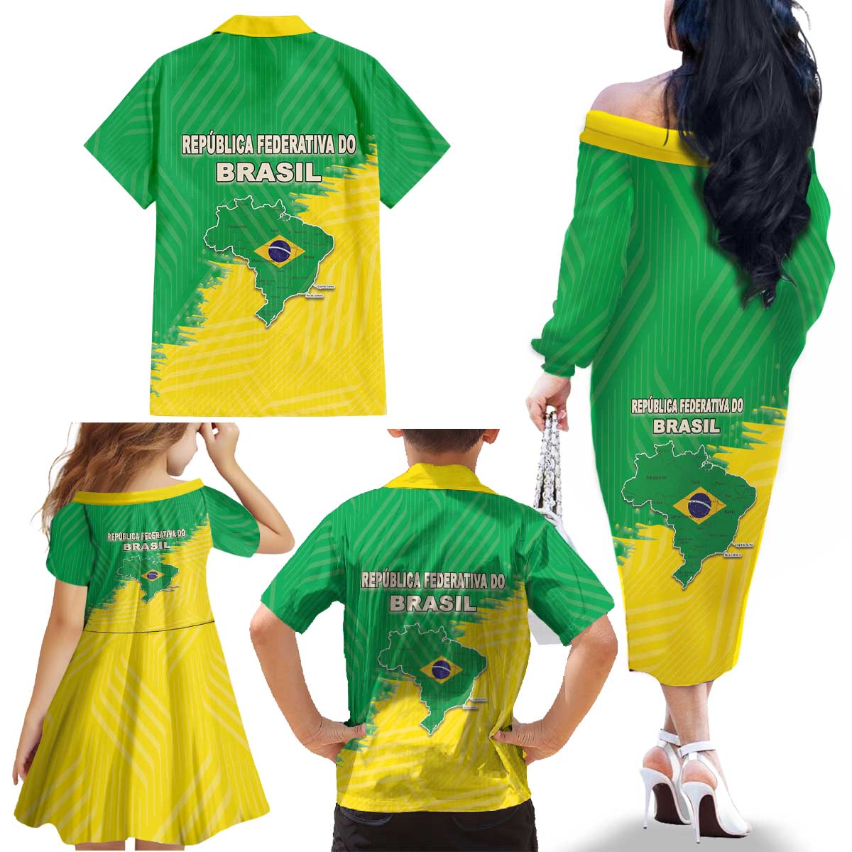 Brazil Coat Of Arms Family Matching Off The Shoulder Long Sleeve Dress and Hawaiian Shirt With Flag Style - Wonder Print Shop
