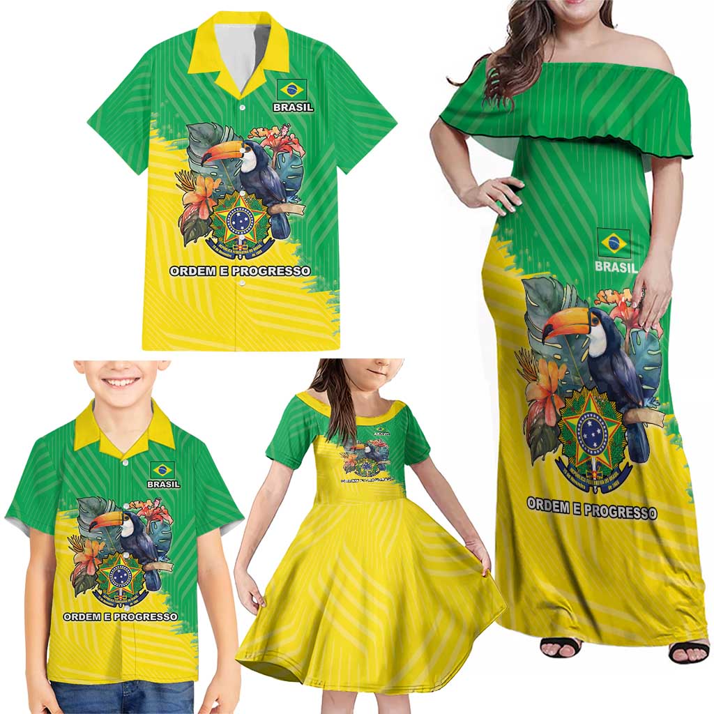 Brazil Coat Of Arms Family Matching Off Shoulder Maxi Dress and Hawaiian Shirt With Flag Style - Wonder Print Shop