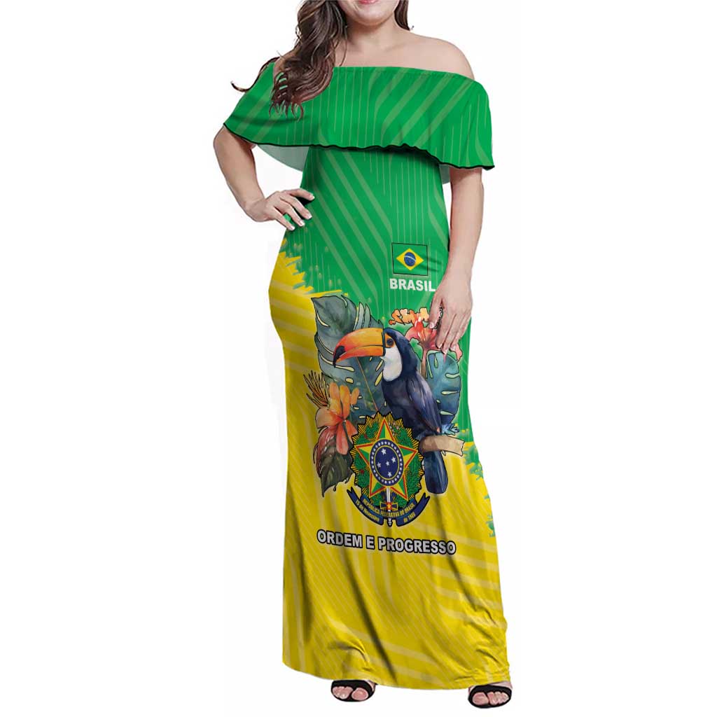 Brazil Coat Of Arms Family Matching Off Shoulder Maxi Dress and Hawaiian Shirt With Flag Style - Wonder Print Shop