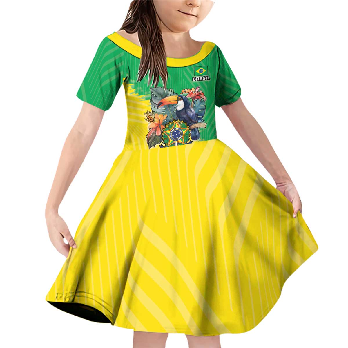 Brazil Coat Of Arms Family Matching Off Shoulder Short Dress and Hawaiian Shirt With Flag Style - Wonder Print Shop