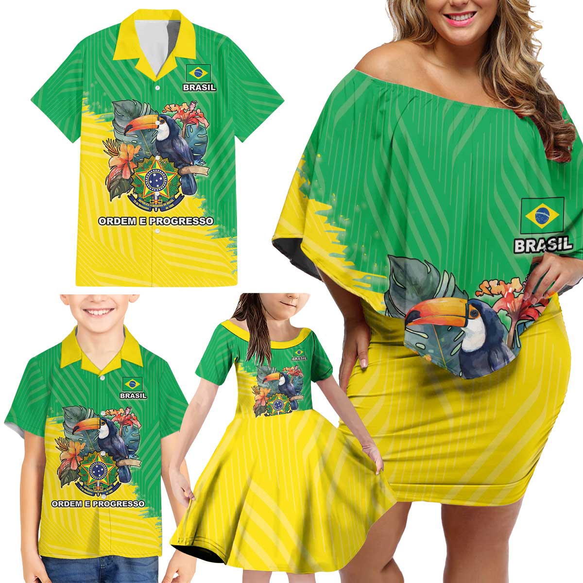 Brazil Coat Of Arms Family Matching Off Shoulder Short Dress and Hawaiian Shirt With Flag Style - Wonder Print Shop