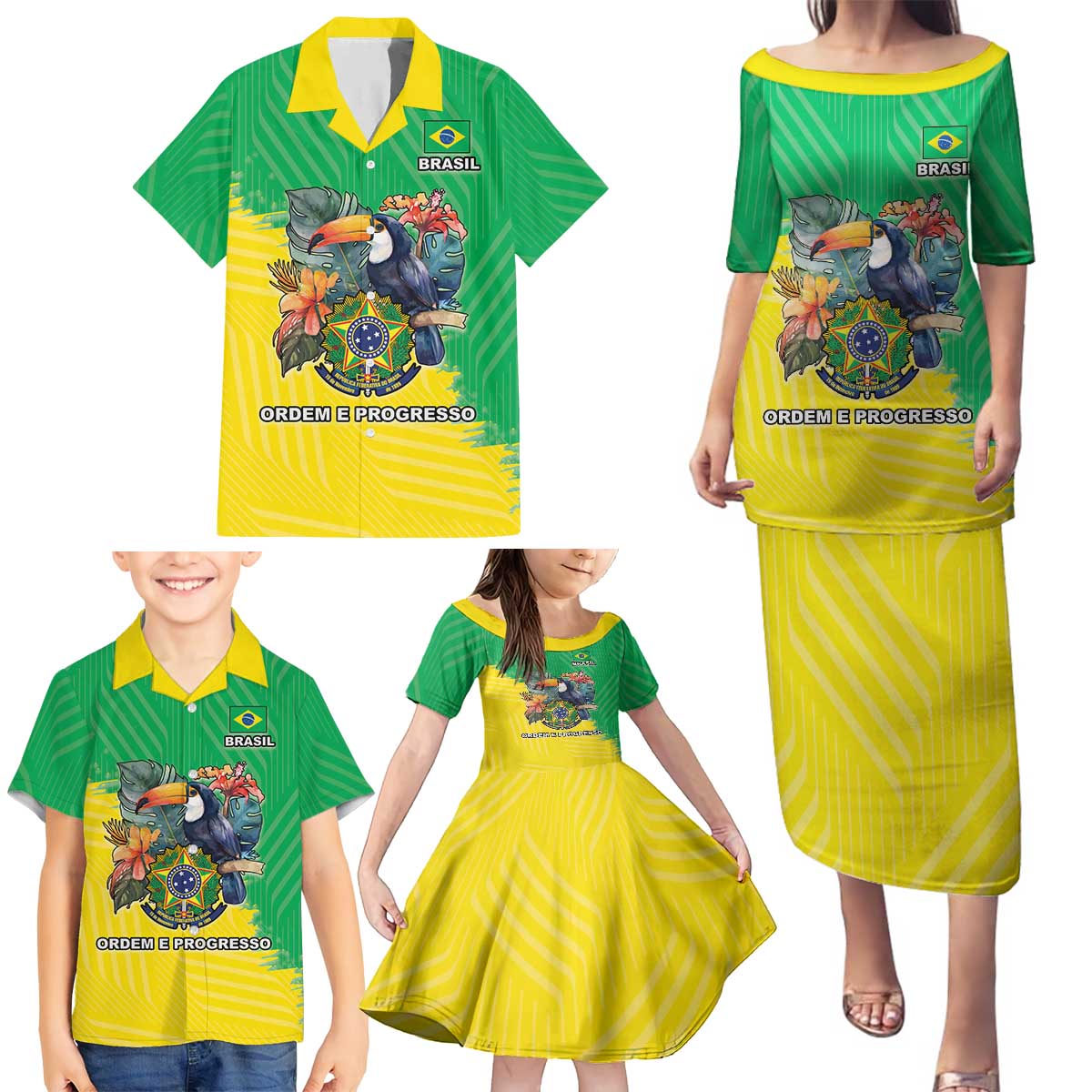 Brazil Coat Of Arms Family Matching Puletasi and Hawaiian Shirt With Flag Style - Wonder Print Shop
