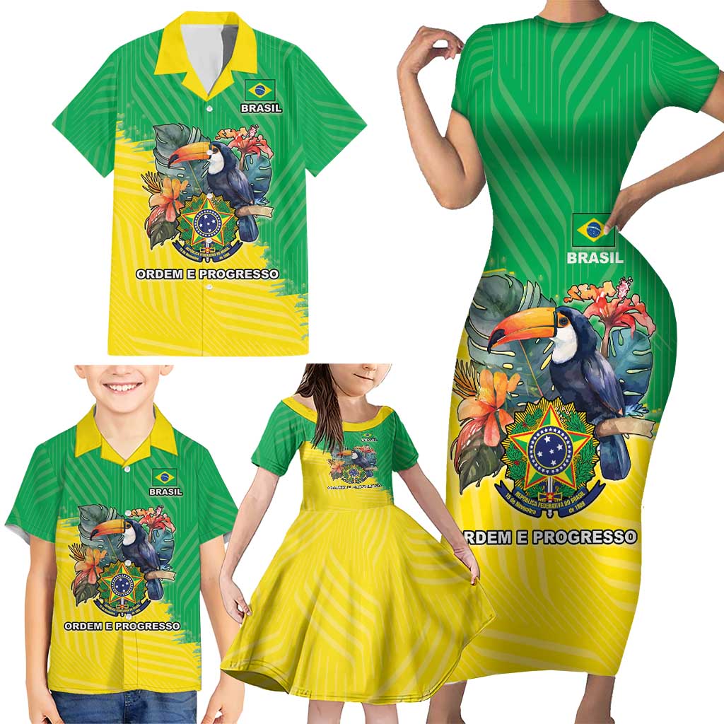 Brazil Coat Of Arms Family Matching Short Sleeve Bodycon Dress and Hawaiian Shirt With Flag Style - Wonder Print Shop