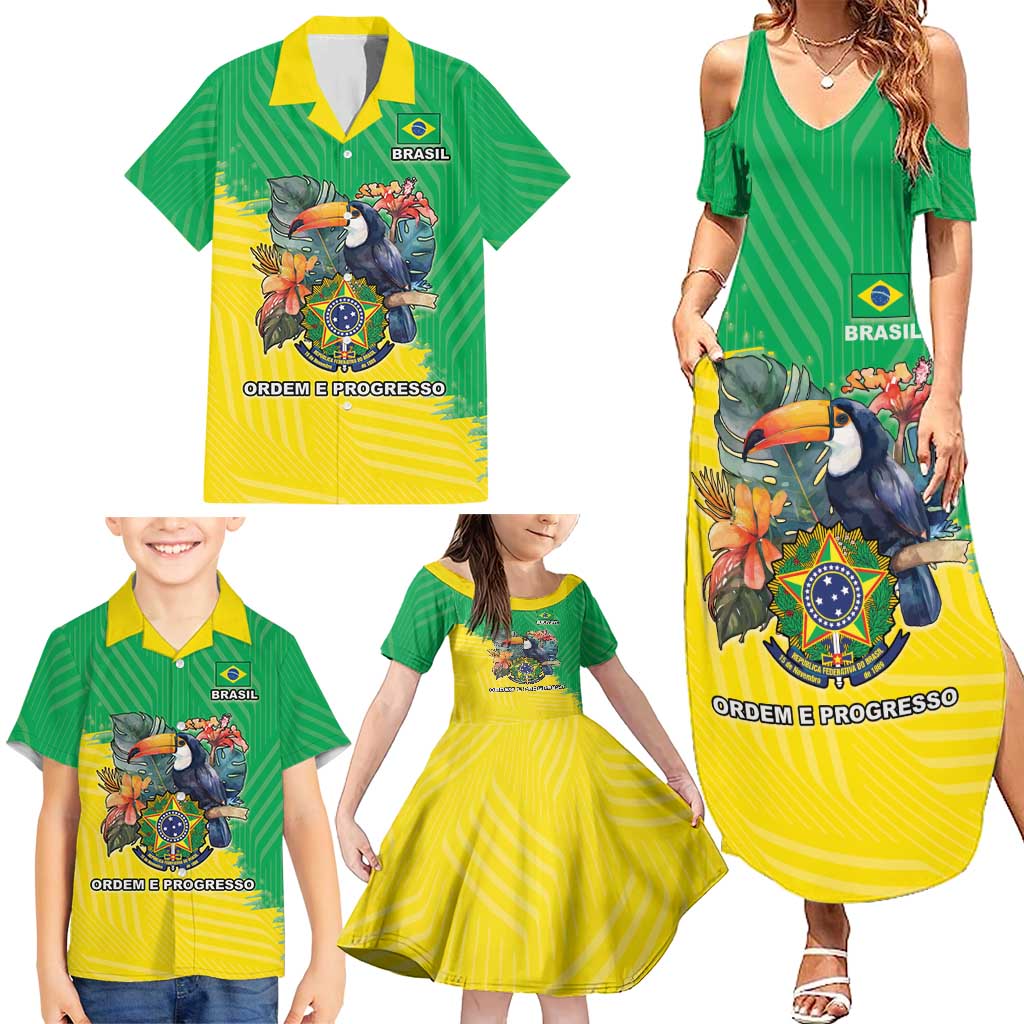 Brazil Coat Of Arms Family Matching Summer Maxi Dress and Hawaiian Shirt With Flag Style - Wonder Print Shop