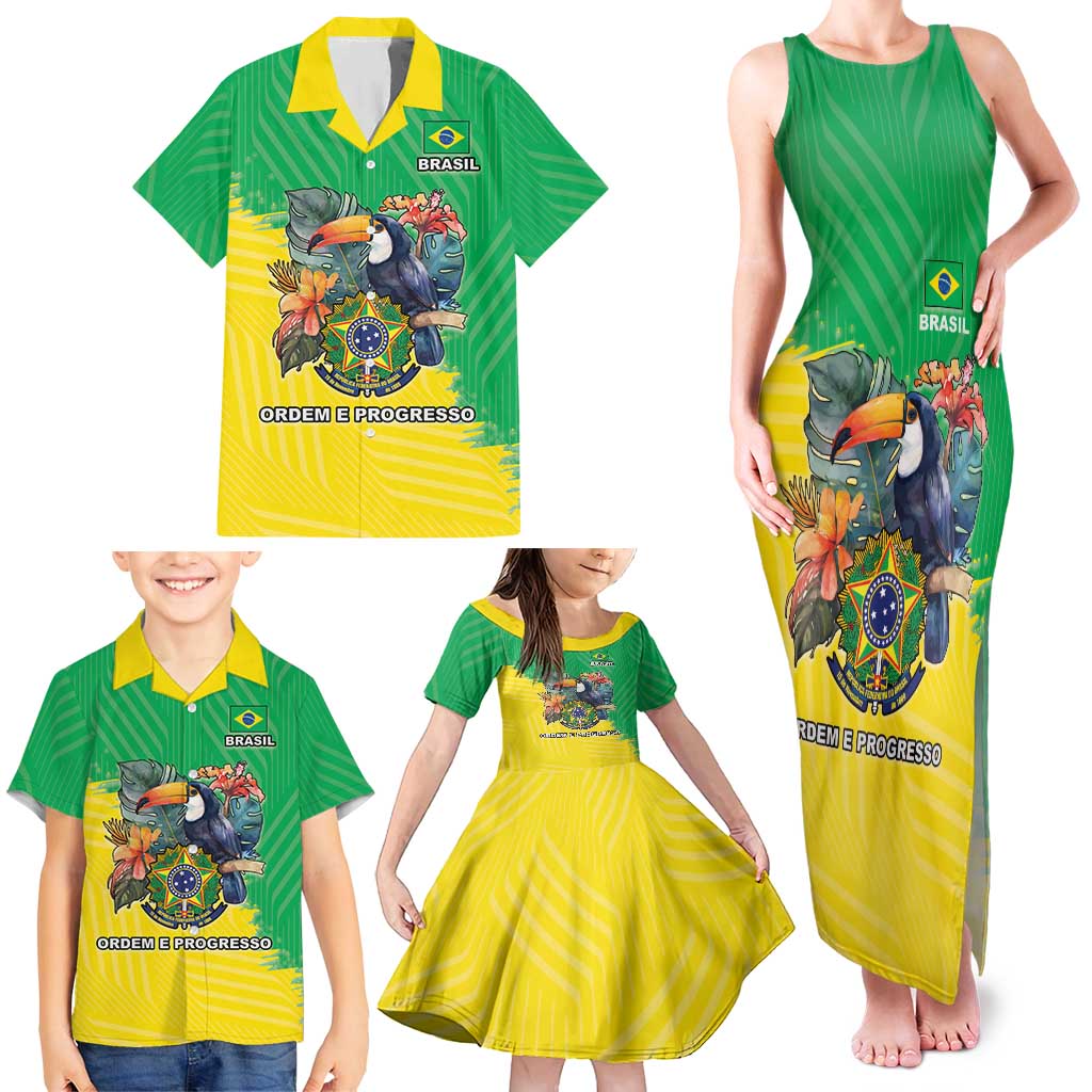 Brazil Coat Of Arms Family Matching Tank Maxi Dress and Hawaiian Shirt With Flag Style - Wonder Print Shop
