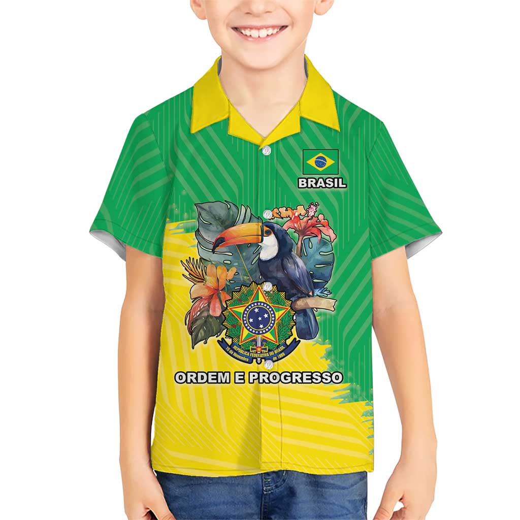Brazil Coat Of Arms Kid Hawaiian Shirt With Flag Style - Wonder Print Shop