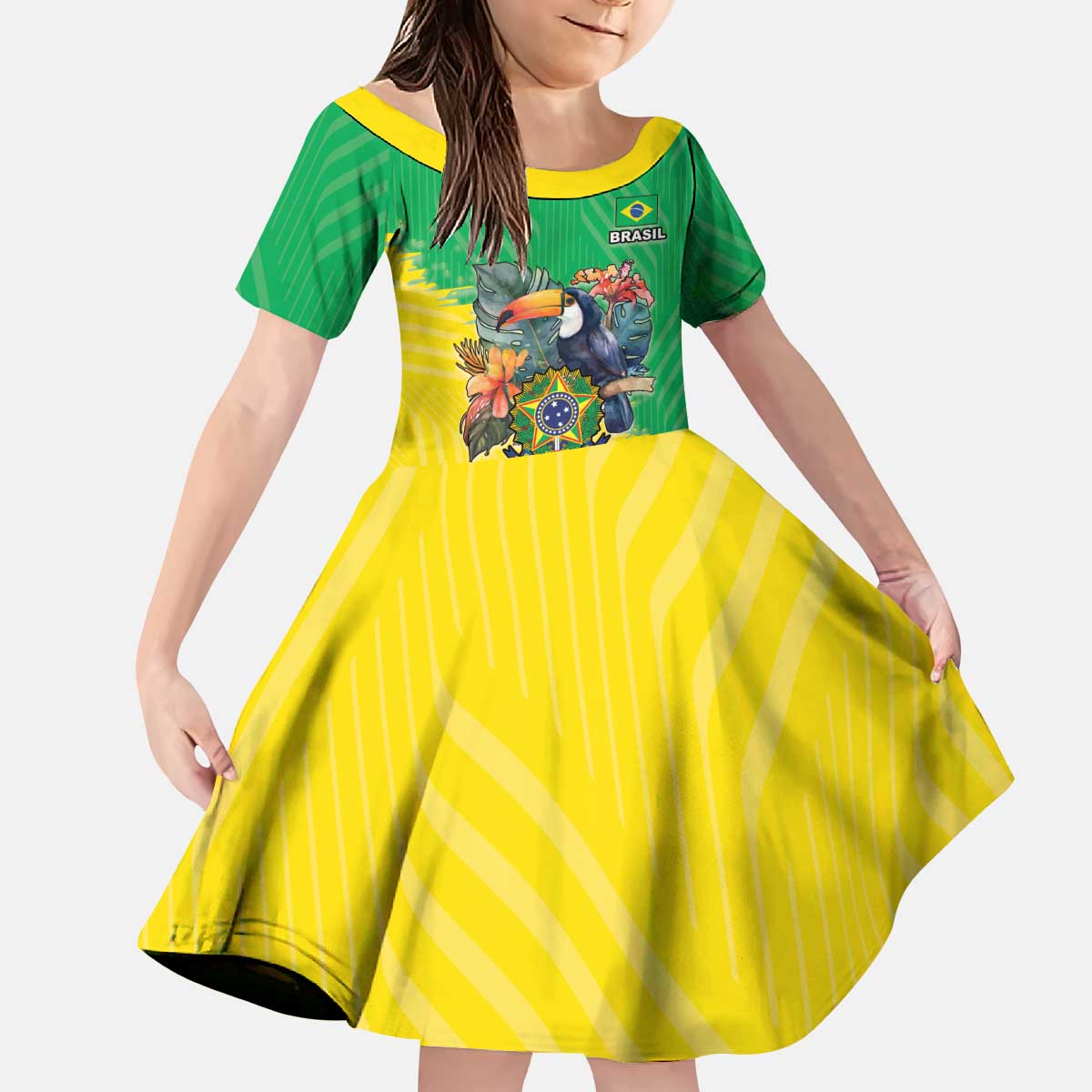 Brazil Coat Of Arms Kid Short Sleeve Dress With Flag Style - Wonder Print Shop
