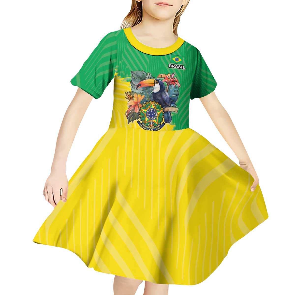 Brazil Coat Of Arms Kid Short Sleeve Dress With Flag Style - Wonder Print Shop