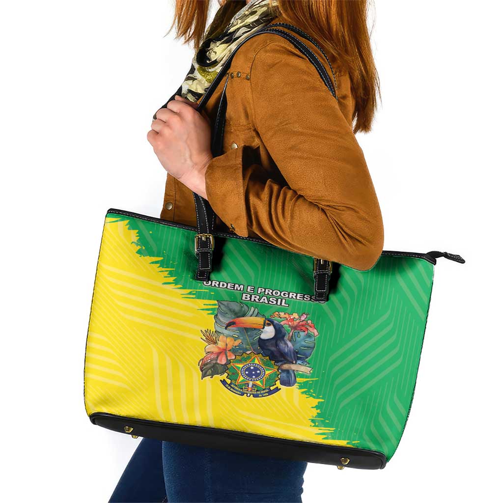 Brazil Coat Of Arms Leather Tote Bag With Flag Style - Wonder Print Shop