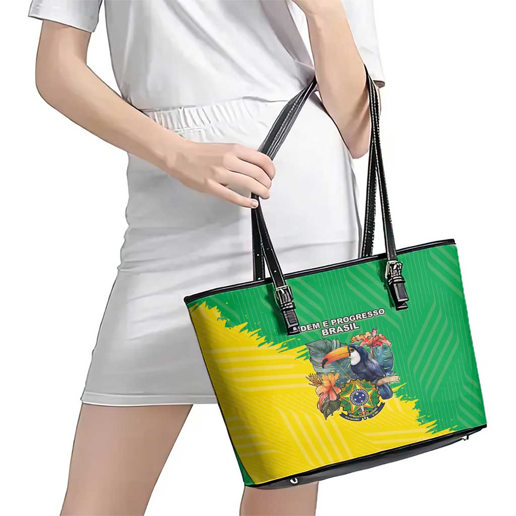 Brazil Coat Of Arms Leather Tote Bag With Flag Style - Wonder Print Shop