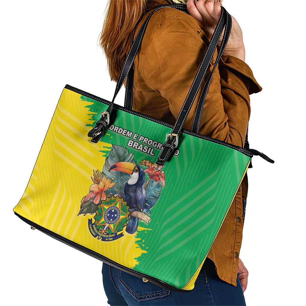 Brazil Coat Of Arms Leather Tote Bag With Flag Style - Wonder Print Shop