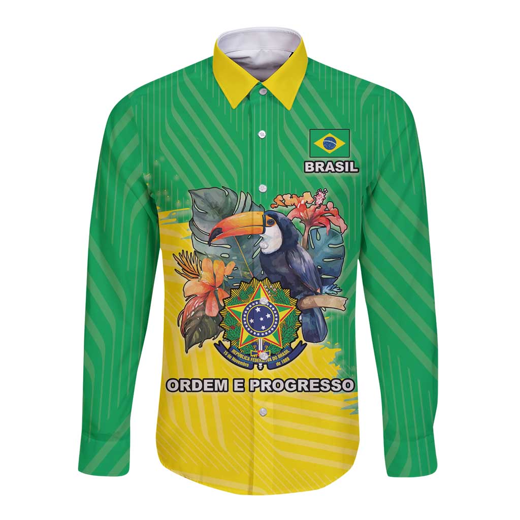 Brazil Coat Of Arms Long Sleeve Button Shirt With Flag Style - Wonder Print Shop