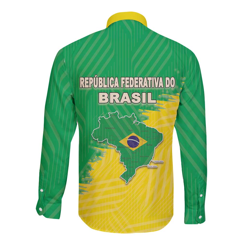 Brazil Coat Of Arms Long Sleeve Button Shirt With Flag Style - Wonder Print Shop