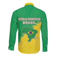 Brazil Coat Of Arms Long Sleeve Button Shirt With Flag Style - Wonder Print Shop