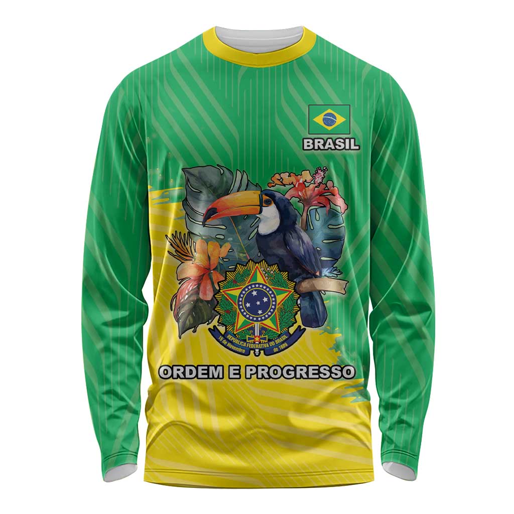 Brazil Coat Of Arms Long Sleeve Shirt With Flag Style - Wonder Print Shop