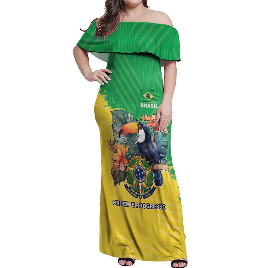 Brazil Coat Of Arms Off Shoulder Maxi Dress With Flag Style - Wonder Print Shop