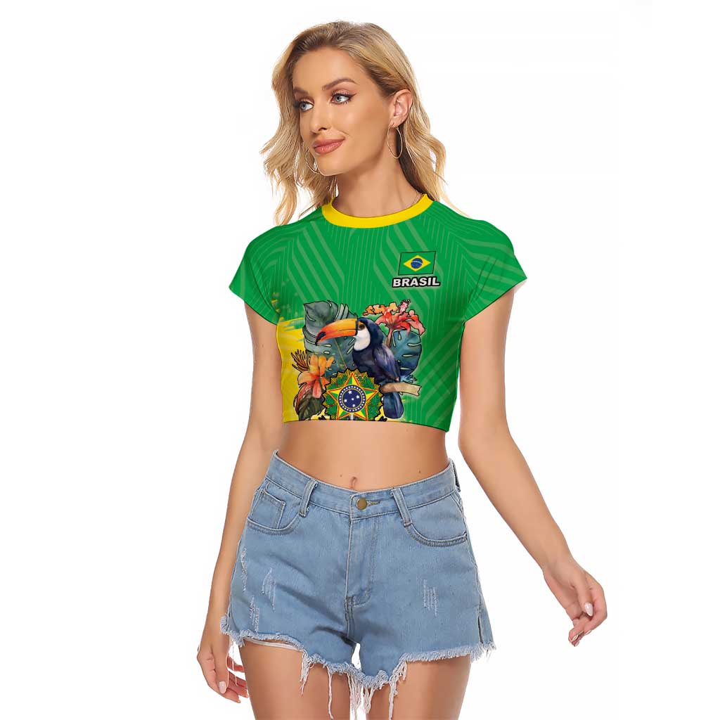 Brazil Coat Of Arms Raglan Cropped T Shirt With Flag Style - Wonder Print Shop