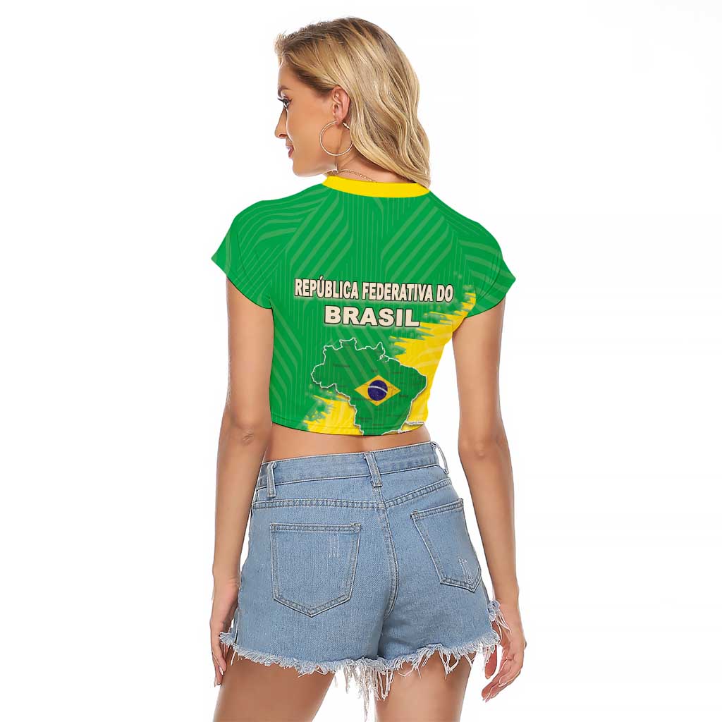 Brazil Coat Of Arms Raglan Cropped T Shirt With Flag Style - Wonder Print Shop
