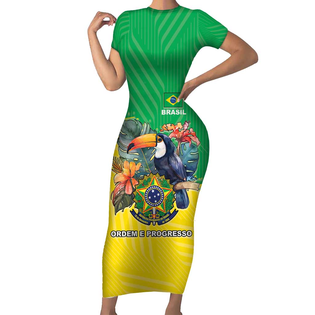 Brazil Coat Of Arms Short Sleeve Bodycon Dress With Flag Style - Wonder Print Shop