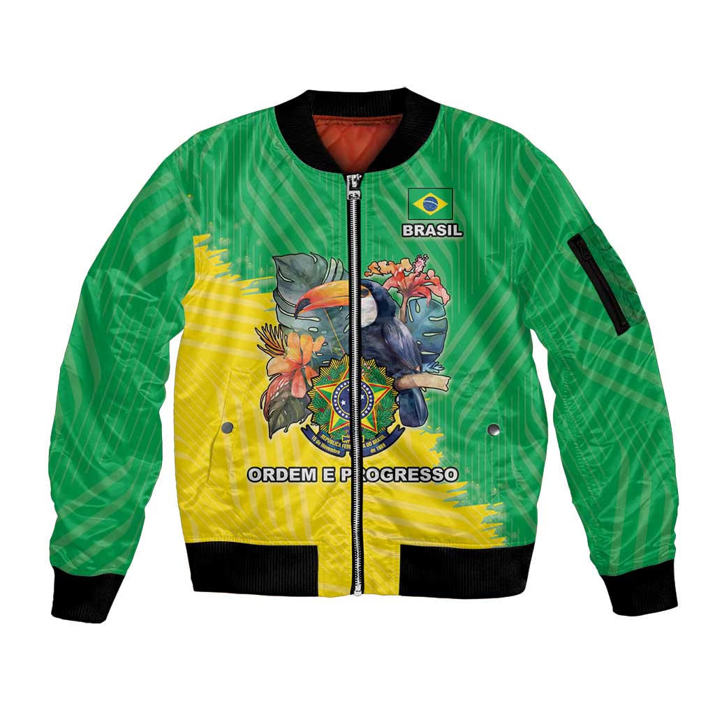 Brazil Coat Of Arms Sleeve Zip Bomber Jacket With Flag Style - Wonder Print Shop