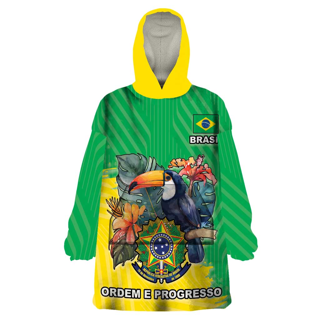 Brazil Coat Of Arms Wearable Blanket Hoodie With Flag Style - Wonder Print Shop