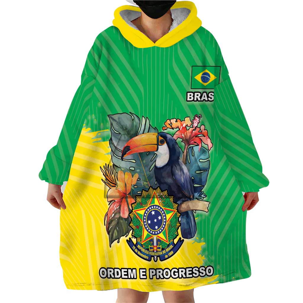 Brazil Coat Of Arms Wearable Blanket Hoodie With Flag Style - Wonder Print Shop