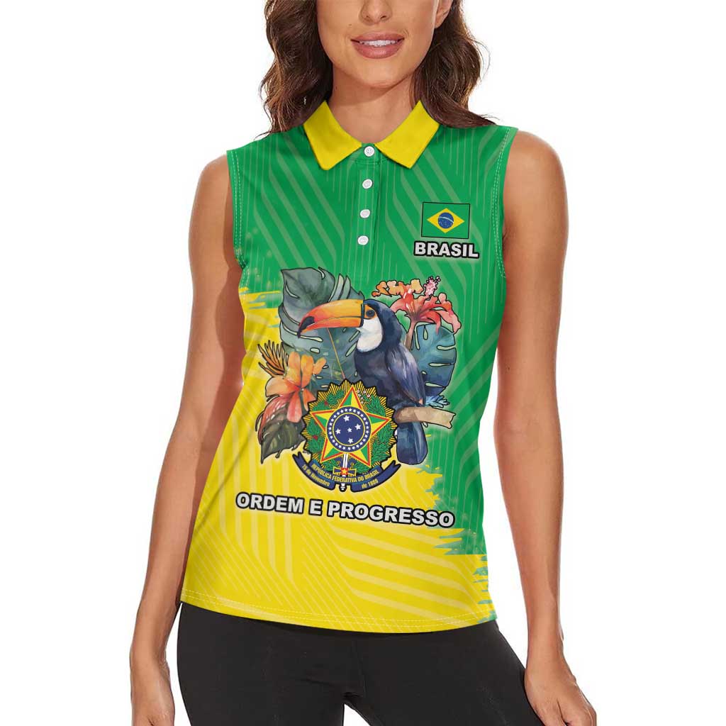 Brazil Coat Of Arms Women Sleeveless Polo Shirt With Flag Style - Wonder Print Shop