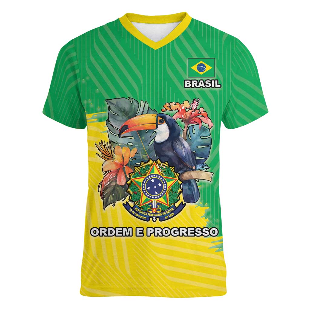 Brazil Coat Of Arms Women V-Neck T-Shirt With Flag Style - Wonder Print Shop
