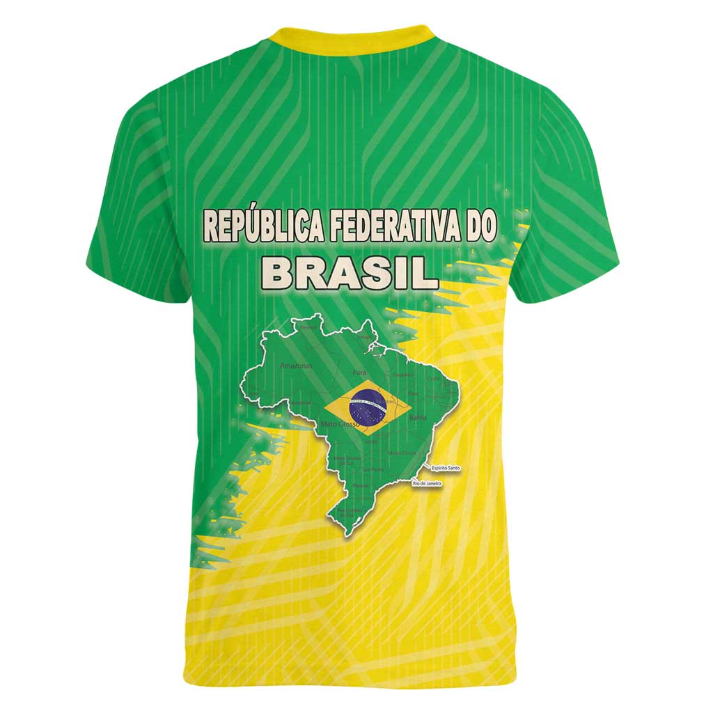 Brazil Coat Of Arms Women V-Neck T-Shirt With Flag Style - Wonder Print Shop