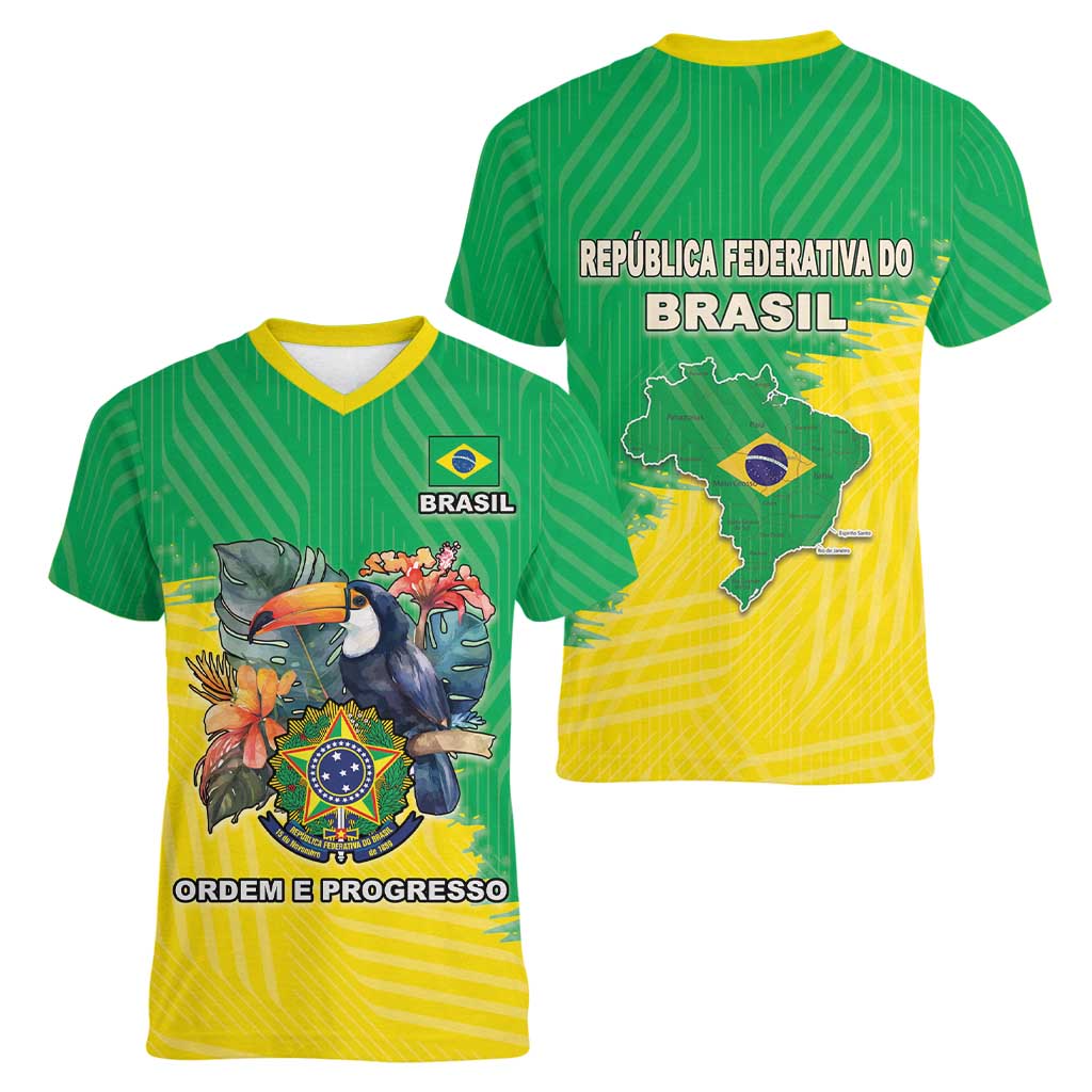 Brazil Coat Of Arms Women V-Neck T-Shirt With Flag Style - Wonder Print Shop