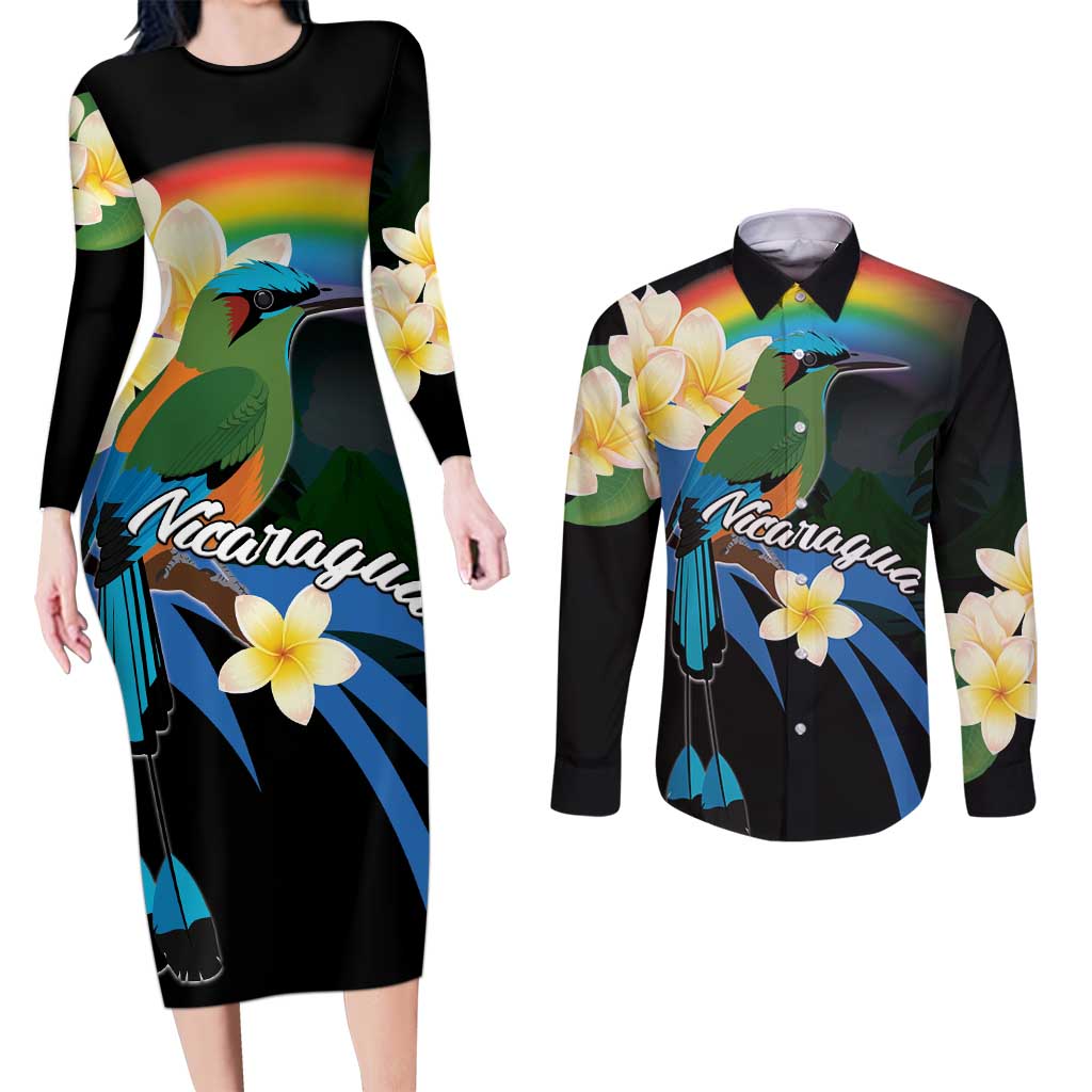 Nicaragua Independence Day Couples Matching Long Sleeve Bodycon Dress and Long Sleeve Button Shirt En Dios confiamos - Wonder Print Shop