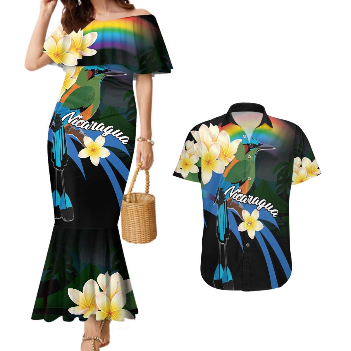 Nicaragua Independence Day Couples Matching Mermaid Dress and Hawaiian Shirt En Dios confiamos - Wonder Print Shop
