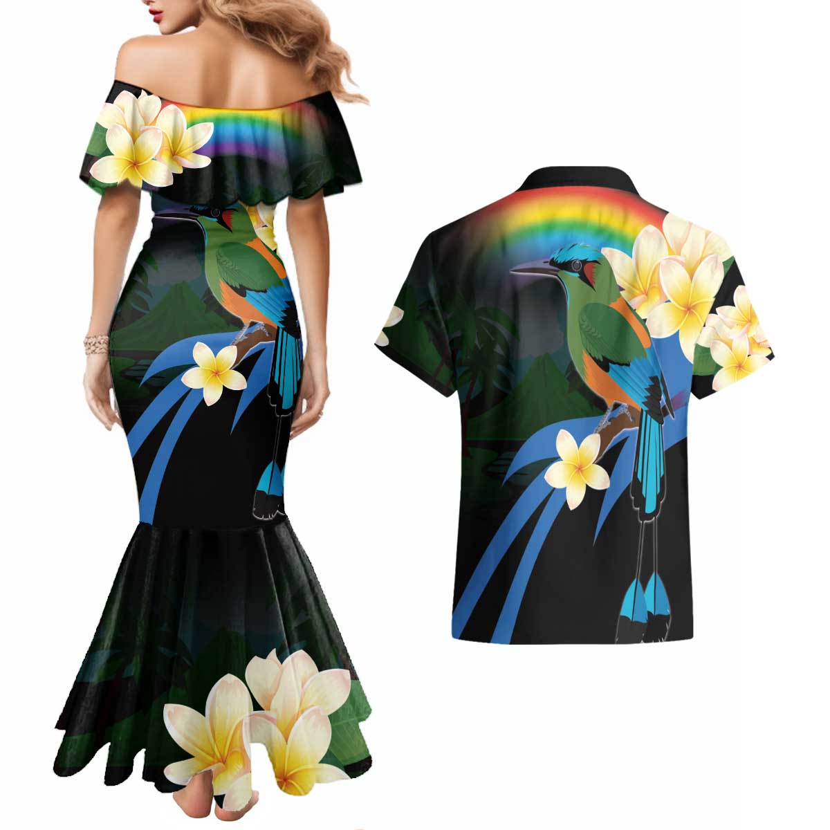 Nicaragua Independence Day Couples Matching Mermaid Dress and Hawaiian Shirt En Dios confiamos - Wonder Print Shop