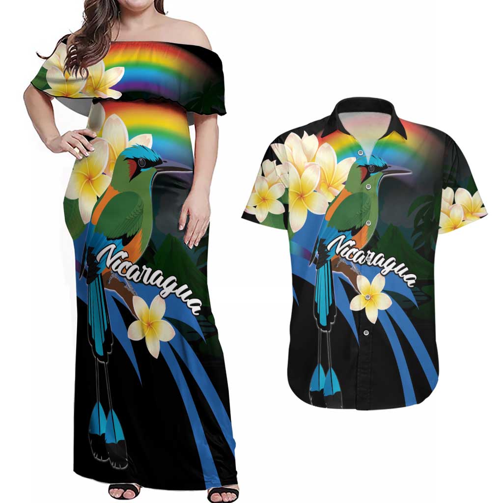 Nicaragua Independence Day Couples Matching Off Shoulder Maxi Dress and Hawaiian Shirt En Dios confiamos - Wonder Print Shop