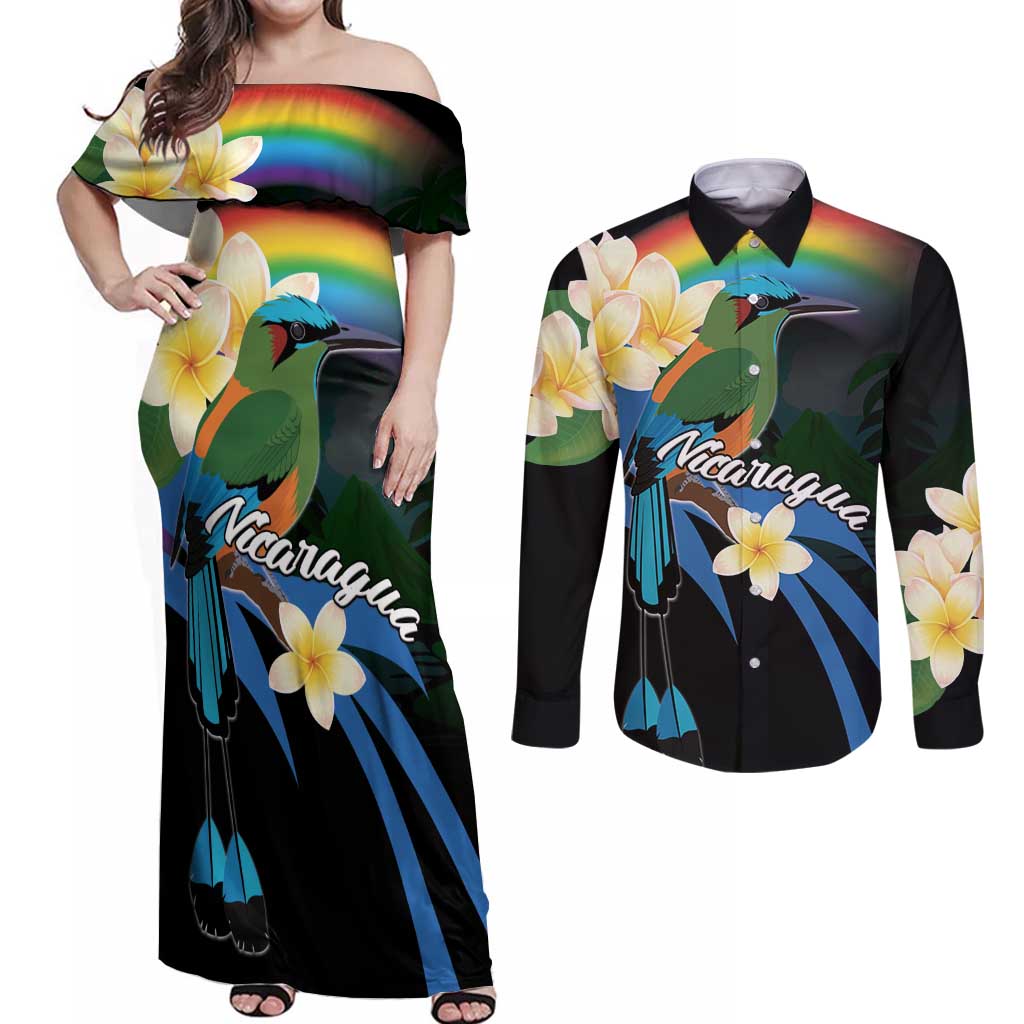 Nicaragua Independence Day Couples Matching Off Shoulder Maxi Dress and Long Sleeve Button Shirt En Dios confiamos - Wonder Print Shop