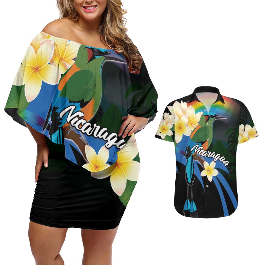 Nicaragua Independence Day Couples Matching Off Shoulder Short Dress and Hawaiian Shirt En Dios confiamos - Wonder Print Shop