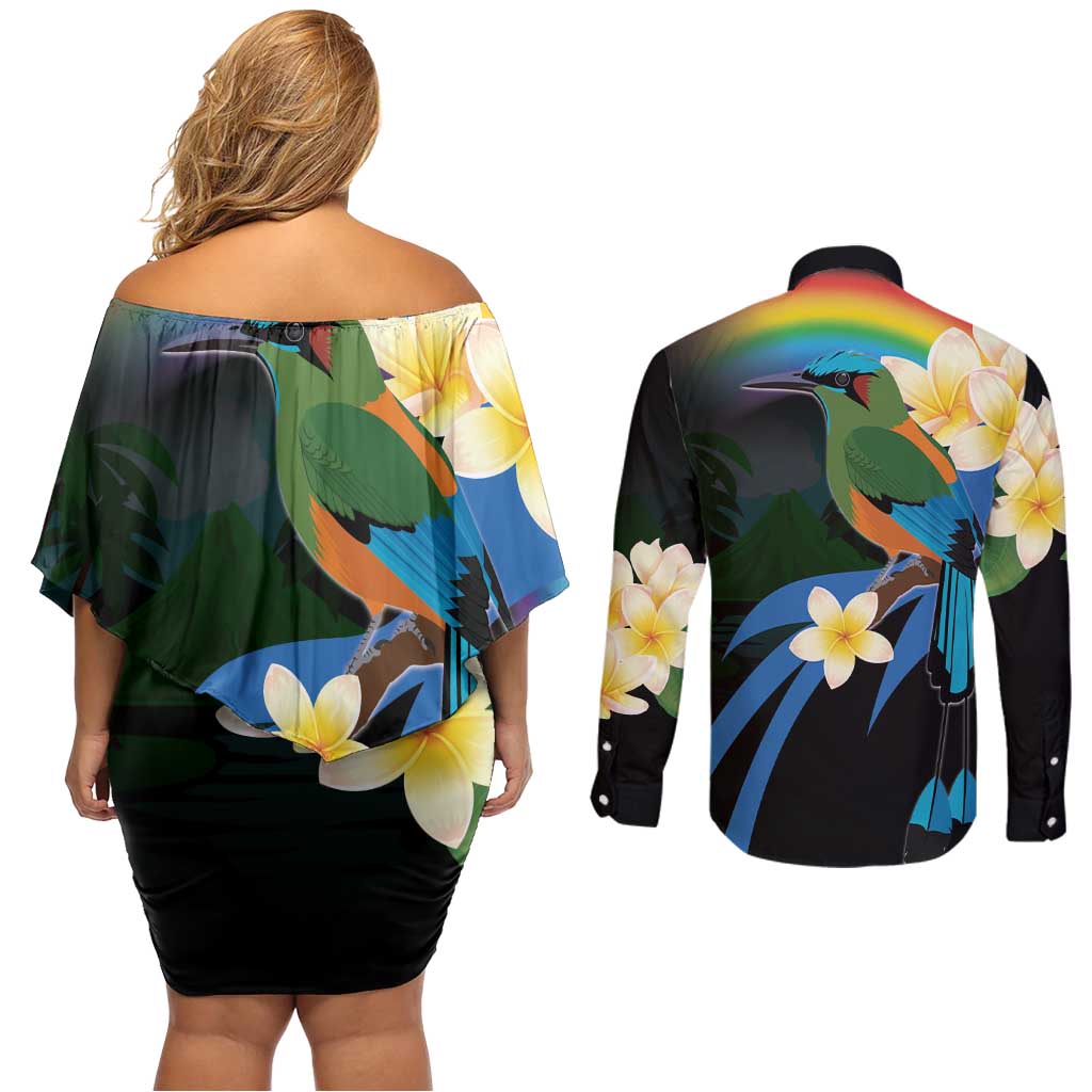 Nicaragua Independence Day Couples Matching Off Shoulder Short Dress and Long Sleeve Button Shirt En Dios confiamos - Wonder Print Shop