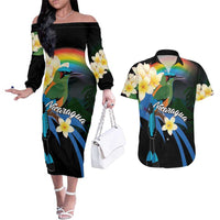 Nicaragua Independence Day Couples Matching Off The Shoulder Long Sleeve Dress and Hawaiian Shirt En Dios confiamos - Wonder Print Shop