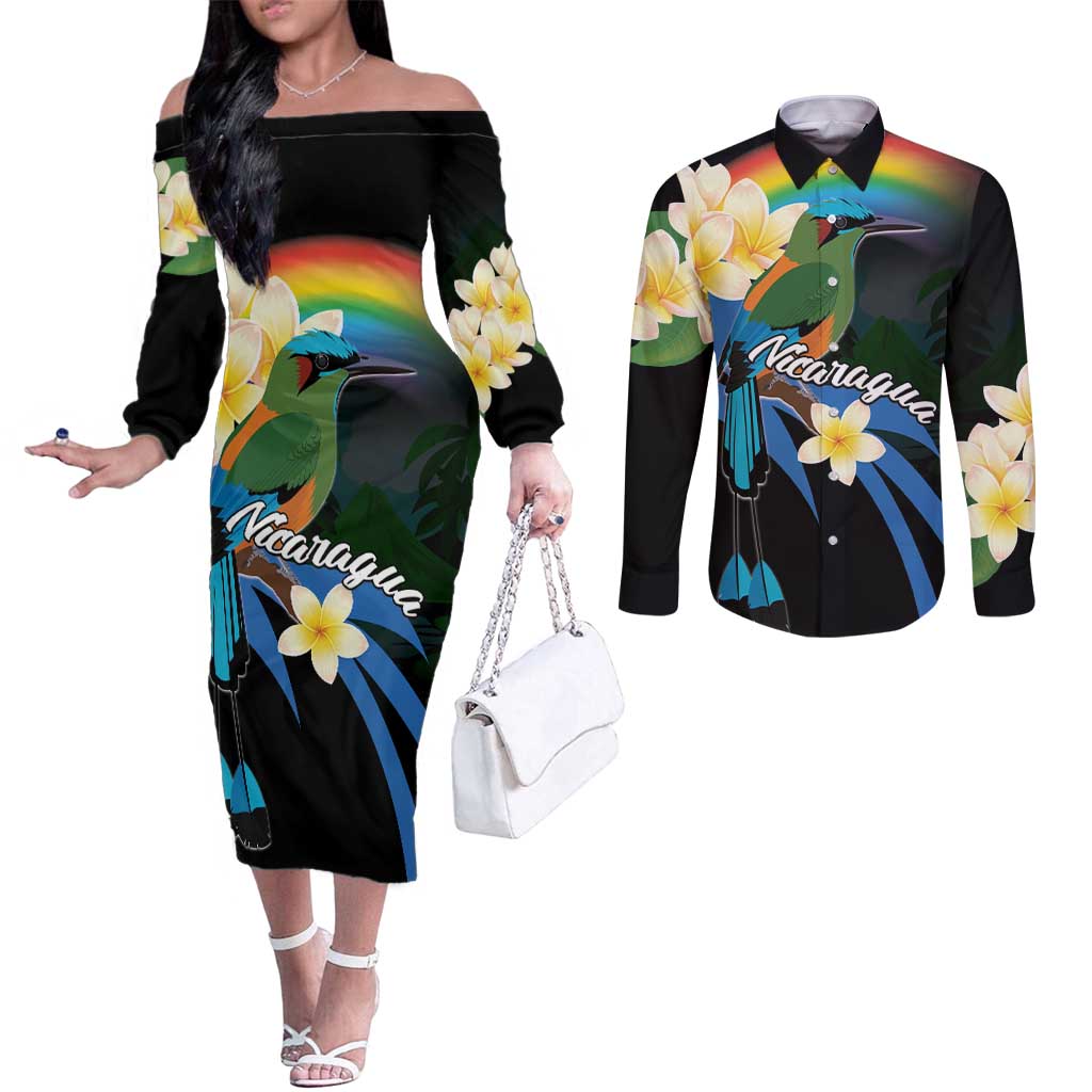 Nicaragua Independence Day Couples Matching Off The Shoulder Long Sleeve Dress and Long Sleeve Button Shirt En Dios confiamos - Wonder Print Shop