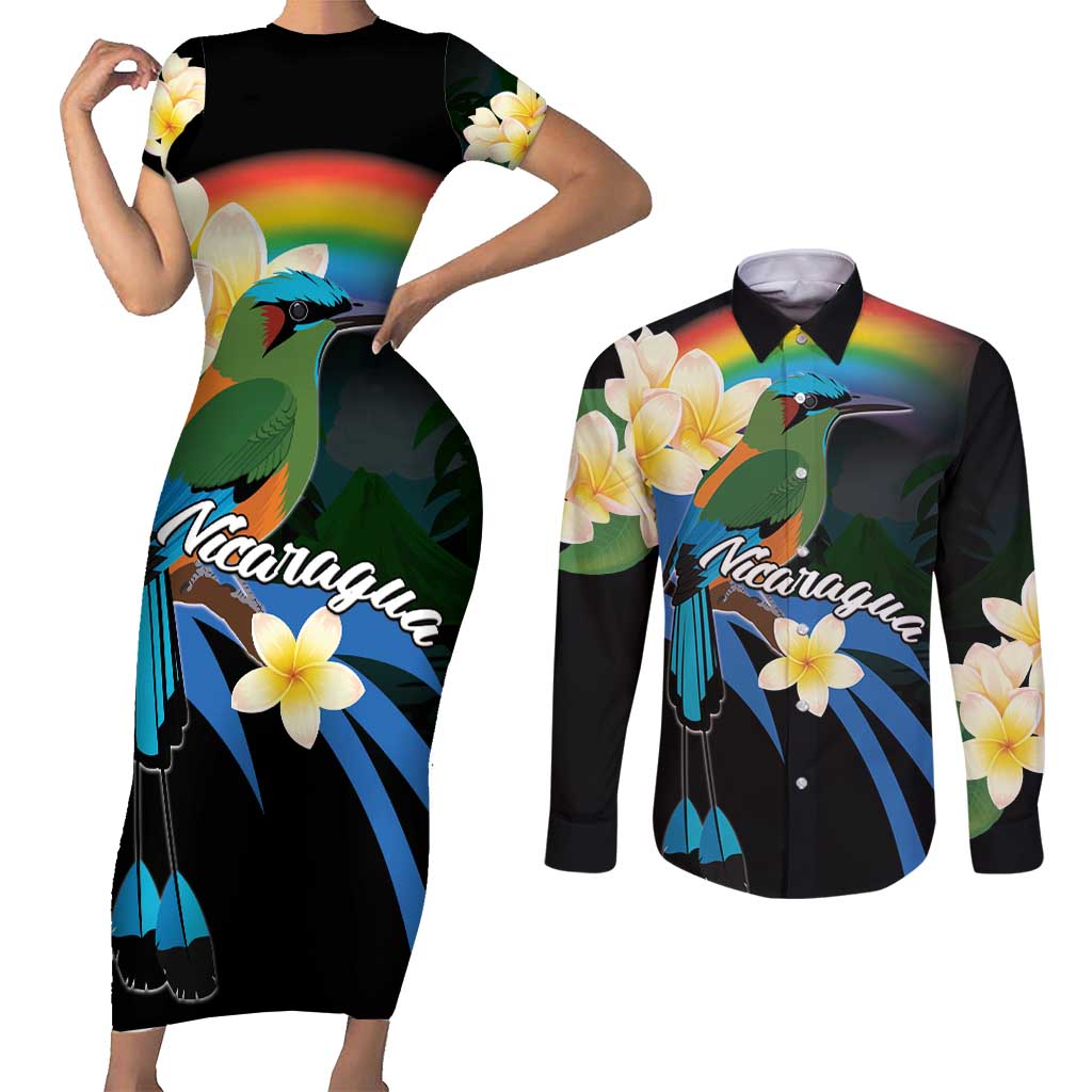 Nicaragua Independence Day Couples Matching Short Sleeve Bodycon Dress and Long Sleeve Button Shirt En Dios confiamos - Wonder Print Shop