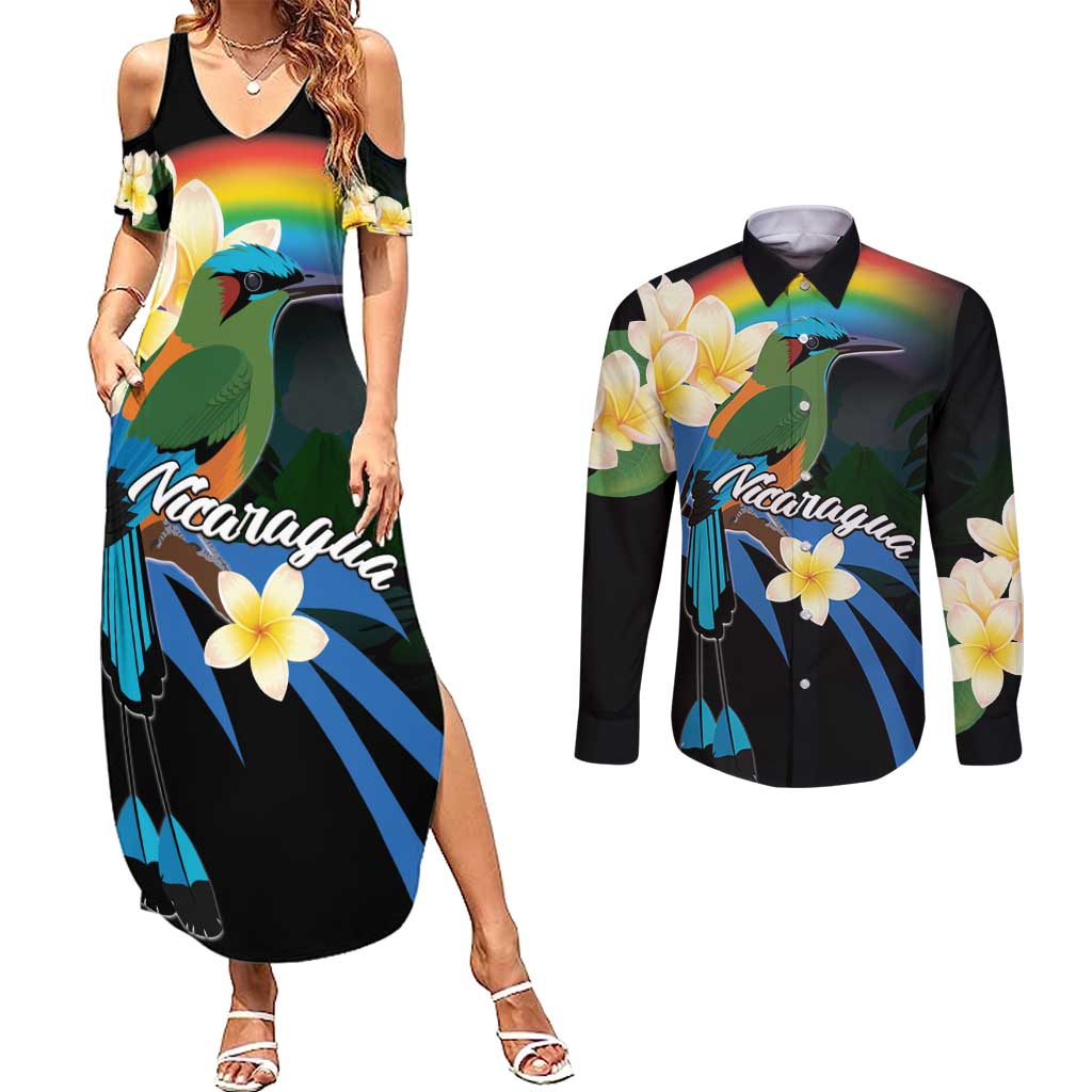 Nicaragua Independence Day Couples Matching Summer Maxi Dress and Long Sleeve Button Shirt En Dios confiamos - Wonder Print Shop