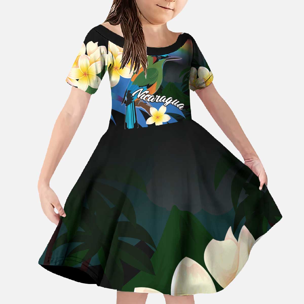 Nicaragua Independence Day Family Matching Off The Shoulder Long Sleeve Dress and Hawaiian Shirt En Dios confiamos - Wonder Print Shop