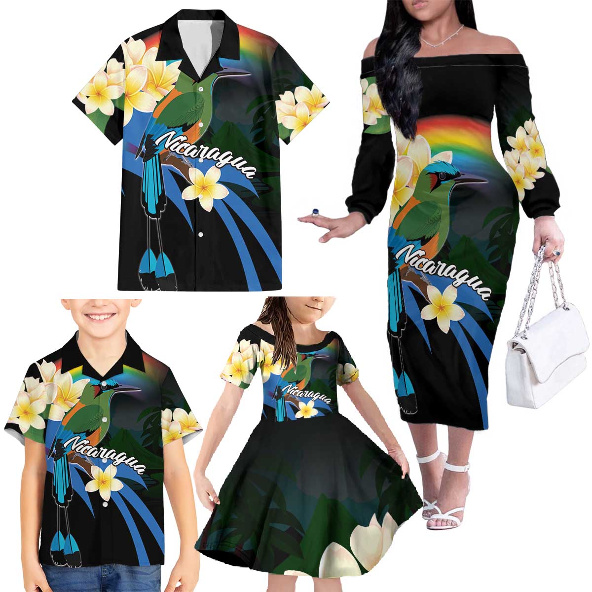 Nicaragua Independence Day Family Matching Off The Shoulder Long Sleeve Dress and Hawaiian Shirt En Dios confiamos - Wonder Print Shop