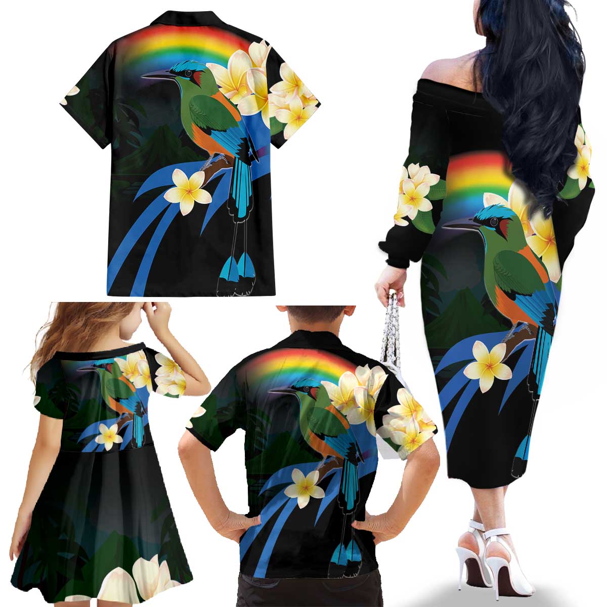 Nicaragua Independence Day Family Matching Off The Shoulder Long Sleeve Dress and Hawaiian Shirt En Dios confiamos - Wonder Print Shop