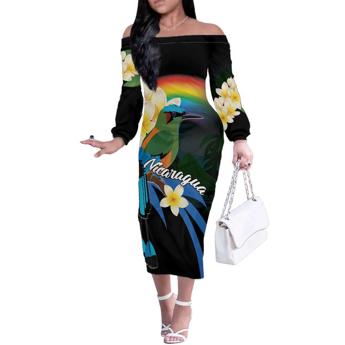 Nicaragua Independence Day Family Matching Off The Shoulder Long Sleeve Dress and Hawaiian Shirt En Dios confiamos - Wonder Print Shop
