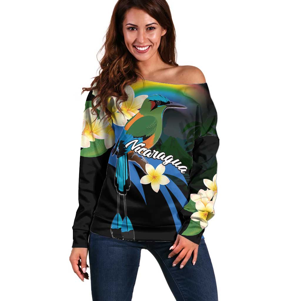 Nicaragua Independence Day Off Shoulder Sweater En Dios confiamos - Wonder Print Shop