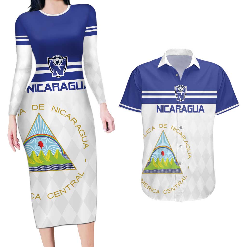 Custom Nicaragua Football Couples Matching Long Sleeve Bodycon Dress and Hawaiian Shirt La Azul y Blanco - Wonder Print Shop